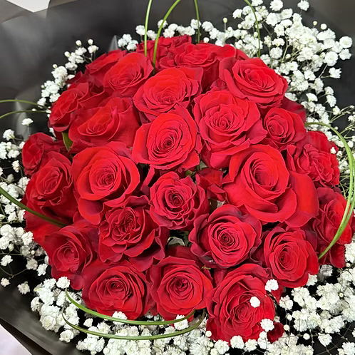 A large bouquet of vibrant red roses arranged in a circular pattern, surrounded by delicate white baby's breath and green stems, wrapped in dark gray paper.